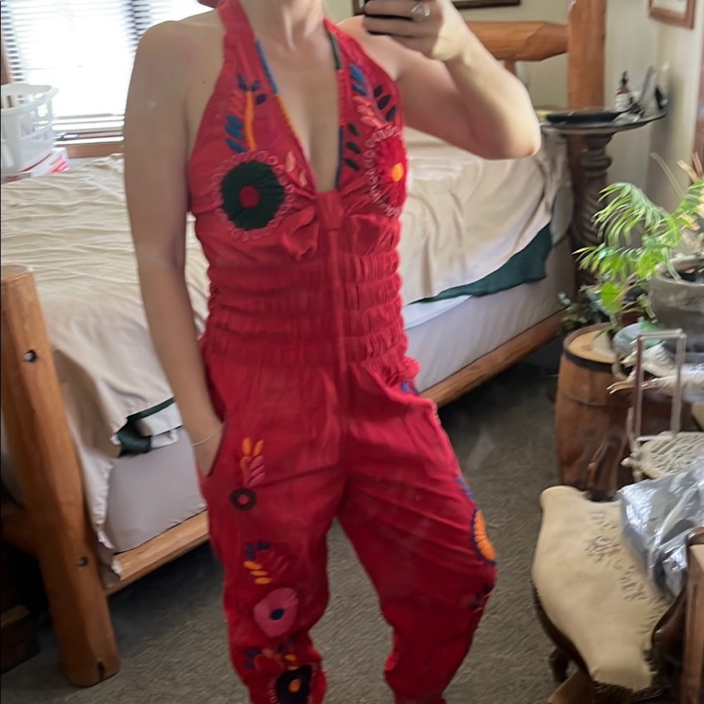 NWOT Handwoven Mexican Halter Jumpsuit with Floral Embroidery